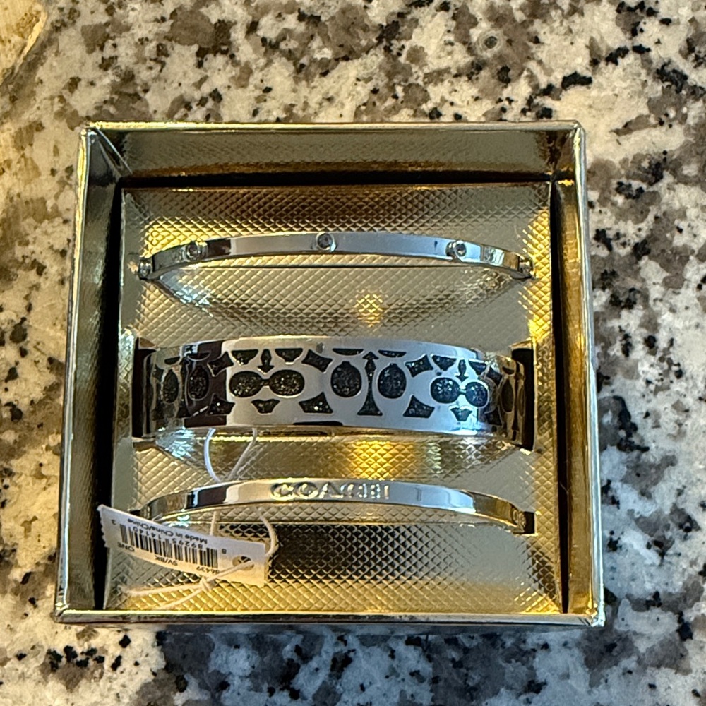 Coach Silver and Black Patterned Bangle Trio